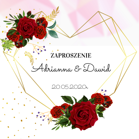 Zaproszenie ślubne  geometryczne serce i czerwone róże